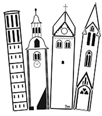 Das Logo zeigt vier stilisierte Kirchtürme in Schwarz-Weiß, die unterschiedliche Architekturformen repräsentieren. Die Türme stehen leicht geneigt, was Dynamik und Individualität vermittelt. (c) Peter Siebenmorgen Das Logo zeigt vier stilisierte Kirchtürme in Schwarz-Weiß, die unterschiedliche Architekturformen repräsentieren. Die Türme stehen leicht geneigt, was Dynamik und Individualität vermittelt.