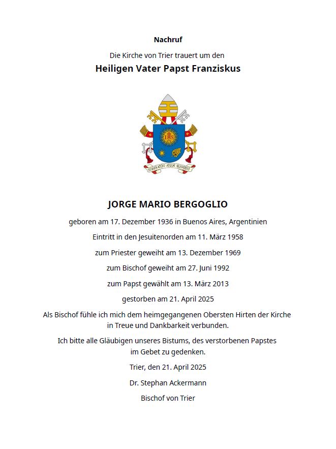 Der Nachruf des Bistums (c) Bistum Trier Der Nachruf des Bistums