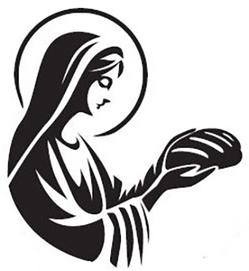 Man sieht eine schwarz-weiß-Zeichnung einer Frau mit Heiligenschein, die ein Brot in der Hand hält